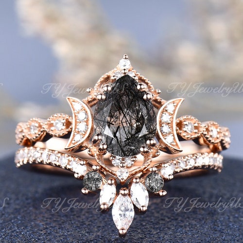 Black Rutilated Quartz Engagement Ring Set White Gold Bridal - Etsy