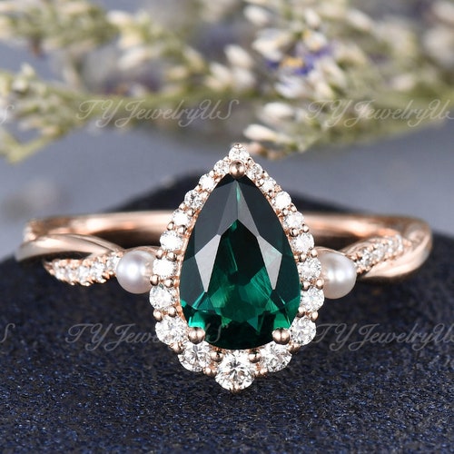 Lab Emerald Engagement Ring Pear Shaped Rose Gold Bridal Set - Etsy