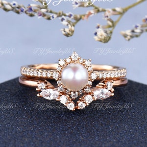 Pearl Engagement Ring Set 5mm Natural Pearl Bridal Set Rose Gold Diamond Halo Ring Cluster Open Wedding Band Woman Art Deco June Birthstone