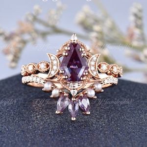 Coffin Lab Alexandrite Engagement Ring Set Rose Gold Alexandrite Ring 2pcs Antique Moon Bridal Set February Birthstone Promise Gift Vintage
