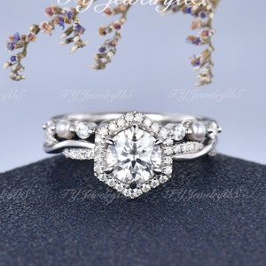 Round Cut Moissanite Engagement Ring Set White Gold Diamond Halo Ring Infinity Twist Half Eternity Ring Akoya Pearl Matching Band Custom Fit