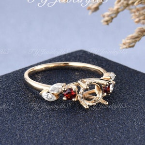 Custom Semi Mount Rose Gold Engagement Ring Setting Leafy Diamond Three Stone Garnet Ring Hidden Halo Setting Marquise Moissanite 14K Gold