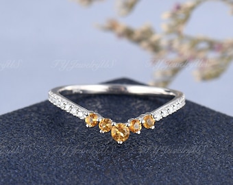 Unique Natural Citrine Curved Wedding Band Art Deco Chevron Band Woman V Shaped Stacking Matching Band Woman Promise Gift Birthstone Band