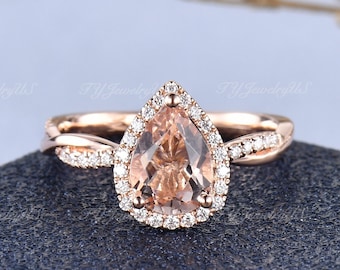 Infinity Morganite Engagement Ring Rose Gold 6X8mm Pear Shaped Morganite Ring Diamond Halo Split Shank Twist Half Eternity Anniversary Gift