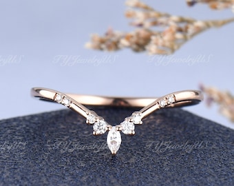 Dainty Custom Fit Rose Gold Wedding Band Woman Marquise Moissanite Wedding Band Cluster Ring Vintage Inspired Ring Promise Ring Chevron Band