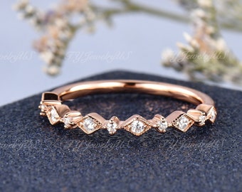 Art Deco Wedding Band Women Diamond Dainty Band Stacking Matching Ring Moissanite Delicate Half Eternity Milgrain Rose Gold Anniversary Gift