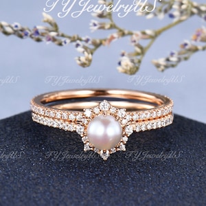5mm Natural Akoya Pearl Ring Art Deco Diamond Halo Bridal Set Eternity Wedding Band Woman Cluster Stacking Ring Rose Gold Simple Pearl Ring