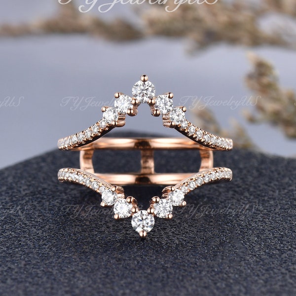 Rose Gold Curved Wedding Double Bands Art Deco Custom Fit Matching Band Woman Natural Diamond Chevron Cluster Band Unique Cage Stacking Band