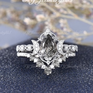 Black Rutilated Quartz Engagement Ring Set White Gold Bridal Set 2pcs Unique Pear Shaped Black Crystal Wedding Ring Vine Moon Halo Antique
