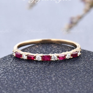 Ruby Wedding Band Solid 14k Yellow Gold Eternity Band Unique Baguette Ruby Diamond Ring Vintage Delicate Dainty Stacking Ring Woman