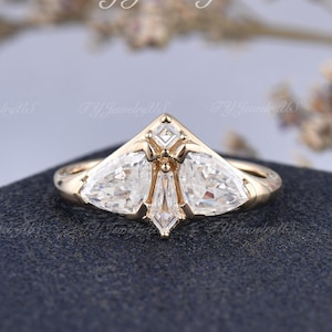 Anillo Art Déco de oro amarillo con moissanita triangular, anillo de compromiso con corte de cometa, anillo nupcial antiguo, regalo de promesa para mujer, anillo de oro macizo de 14 quilates.