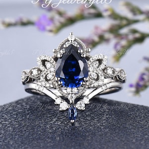 Butterfly Lab Sapphire Engagement Ring Set Art Deco White Gold Cluster Bridal Set Woman Vintage Style Vine Flower Stacking Ring Birthstone