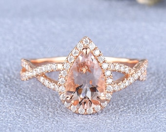 Natural Morganite Engagament Ring Rose Gold Pear Shaped Diamond Halo Ring Woman Infinity Half Eternity Bridal Ring Anniversary Gift For Her