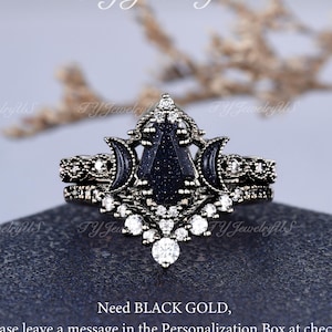 Moon Blue Sandstone Bridal Set Coffin Cut Blue Goldstone Engagement Ring Rose Gold Natural Inspired Black Gold Wedding Ring Gift For Women
