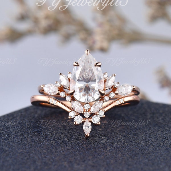 Rose Gold Tear Drop Moissanite Engagement Ring Set Unique Marquise Natural Diamond Cluster Ring Art Deco Stacking Bridal Set Dainty Delicate