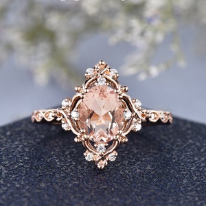 Natural Morganite Engagement Ring Floral Flower Wedding Ring Rose Gold Art Deco Diamond Halo Bridal Ring Woman Vine Cluster Ring Vintage