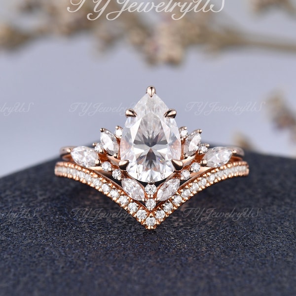 Art Deco Pear Shaped Moissanite Engagement Ring Unique Marquise Cut Natural Diamond Bridal Set Woman Half Eternity Vine Leaf Cluster Ring