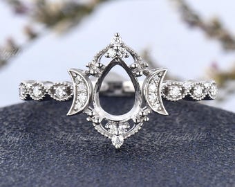 White Gold Custom Ring Setting Moon Engagement Ring Art Deco Semi Mount Antique Setting Milgrain Vine Vintage Cluster Ring Adjustable