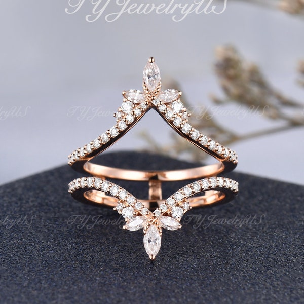 Unique Rose Gold Double Bands Natural Curved Wedding Band Custom Fit Cage Chevron Band Vintage Marquise Cut Diamond Cluster Stacking Band