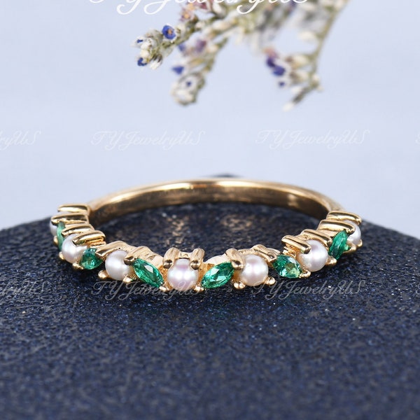 Natural Akoya Pearl Wedding Band Marquise Cut Lab Emerald Ring Art Deco May Birthstone Matching Band Woman Yellow Gold Cluster Matching Band