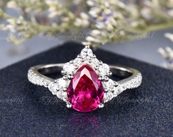 Anello di fidanzamento in oro bianco con rubino Anello da sposa con diamante mezzo alone vintage Donna Anello con pietra portafortuna di luglio Anello regalo per anniversario Mezza eternità
