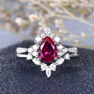 Pear Cut Lab Ruby Engagement Ring Set Woman Half Halo Diamond Bridal Set Cluster Art Deco Wedding Ring 2pcs Birthstone Promise Gift For Her