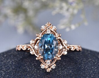 London Blue Topaz Engagement Ring Rose Gold Vintage Diamond Halo Ring Woman Art Deco Flower Shaped Cluster Ring Birthstone Gift For Her