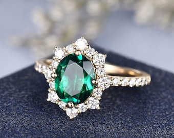 Emerald Engagement Ring Lab Emerald Ring Yellow Gold Engagement Ring Woman Art Deco May Birthstone Ring Delicate Dainty Halo Diamond Ring