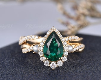 Art Deco Lab Emerald verlovingsring set geel gouden diamanten Halo ring natuurlijke parel Infinity Twist cluster ring mei geboortesteen bruidsset