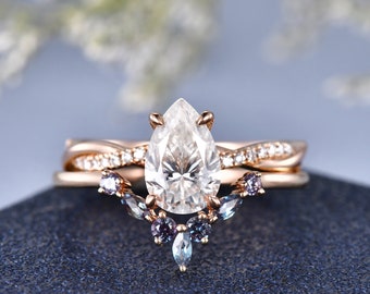 1.5ct Moissanite Engagement Ring Set Rose Gold Solitaire Ring 2pcs Infinity Twist Solitaire Bridal Ring Women Alexandrite Stacking Ring