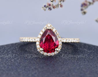 Anello con rubino Anello di fidanzamento in oro rosa Anello con rubino sintetico a taglio a pera Anello con diamante a pavé infinito Anello da sposa a mezza eternità Regalo per lei Pietra portafortuna di luglio