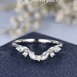 Cluster Moissanite Wedding Band White Gold Curved Wedding Band Marquise Shaped Chevron Matching Band Diamond Stacking Ring Unique Custom