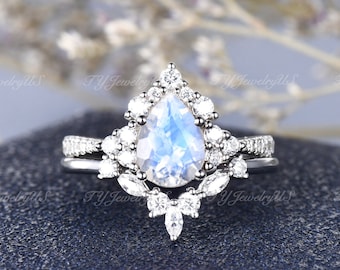 Cluster Moonstone Engagement Ring Set White Gold Changing Color Bridal Set Diaomnd Half Halo Wedding Ring 2pcs Art Deco Ring Chevron Band