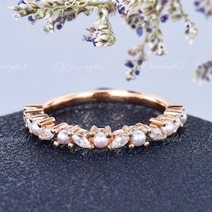 Natural Pearl Wedding Band Woman Rose Gold Half Eternity Band Woman Marquise Cut Diamond Cluster Ring June Birthstone Matching Band
