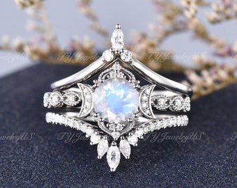 Natural Moonstone Engagement Ring Set 3pcs Moon Star Diamond Cluster Ring Woman Art Deco Milgrain Stacking Ring Marquise Cut Matching Band