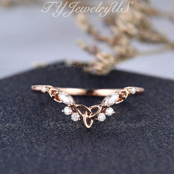 Unique Celtic Knot Shape Curved Wedding Band Art Deco Marquise Cut Natural Diamond Chevron Band Rose Gold Delicate Dainty Cluster Ring Woman