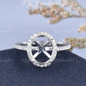 White Gold Oval Shaped Ring Setting Custom Semi Mount Engagement Ring Diamond Halo Ring Half Eternity Personalized Ring Without Main Stone