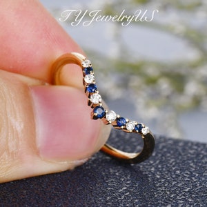 Curved sapphire wedding band White gold wedding band women Sapphire and pearl ring Diamond matching ring stacking Solid 14K rose gold custom