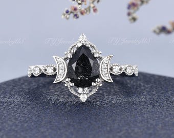Salt and Pepper Black Rutilated Quartz Engagement Ring 1ct Wedding Ring White Gold Unique Black Moon Star Ring Crystal Mystic Antique Ring