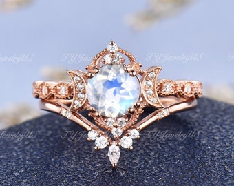 Sailor Moon Natural Moonstone Engagement Ring Set Rose Gold Vine Moon Star Bridal Set Woman Art Deco Milgrian Cluster Ring Delicate Dainty