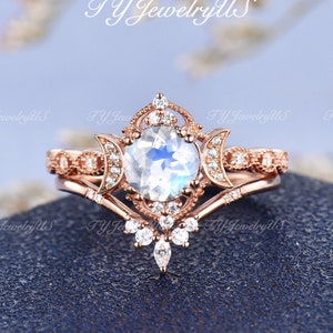 Sailor Moon Natural Moonstone Engagement Ring Set Rose Gold Vine Moon Star Bridal Set Woman Art Deco Milgrian Cluster Ring Delicate Dainty