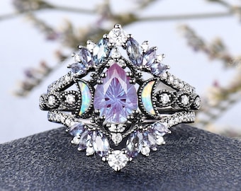 Black Gold Alexandrite Engagement Ring Set Pear Cut Fireworks Cut Alexandrite Ring Set Moon Opal Bridal Set Marquise Alexandrite Cage Band