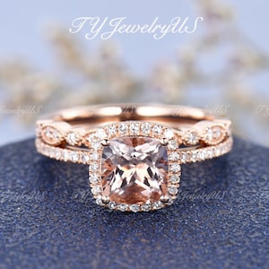 Morganite Engagement Ring Bridal Set Art Deco Milgrain Half Eternity Ring 2pcs Rose Gold Cushion Cut Morganite Ring Anniversary Gift For Her