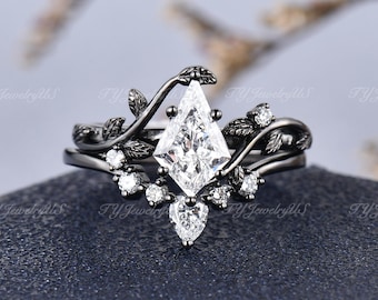 Kite Cut Lab Diamond Engagement Ring Set Black Gold Leaf Vine Ring Nature Inspired Unique Alternative Bridal Ring Set Wedding Ring Set