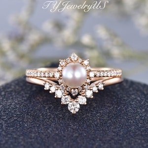 Pearl engagement ring Set Rose gold Pink Akoya Pearl  Bridal Set June Birthstone Ring Women Natural diamond halo wedding ring Curved cluster