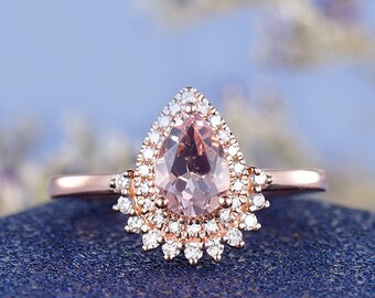 Pear shaped morganite ring | Vintage rose gold engagement ring women| Diamond curved wedding band | Art deco halo bridal ring |Promise gift