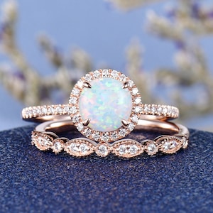 White Opal Engagement Ring Lab Opal Wedding Ring Set Rose Gold Bridal Set Vintage Diamond Matching Band Halo Gift For Her Birthstone Oct