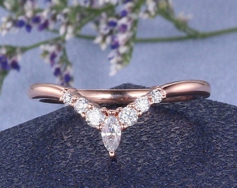 Mini Marquise Wedding Band Women Rose Gold Custom Fit Wedding Band Promise Ring Marquise Moissanite Wedding Band Chevron V Shaped Thin