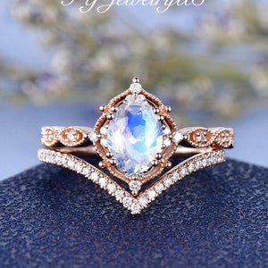 Unique Moonstone Engagement Ring Rose Gold Bridal Set Antique Art Deco Oval Moonstone Ring Faceted Moonstone Ring Milgrain Vine Vintage 2pcs