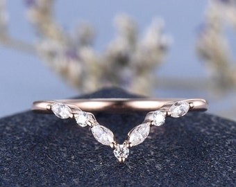 Dainty Marquise Wedding Band Women Rose Gold Custom Fit Wedding Band Promise Ring Marquise Moissanite Wedding Band Chevron Ring V Shape Mini